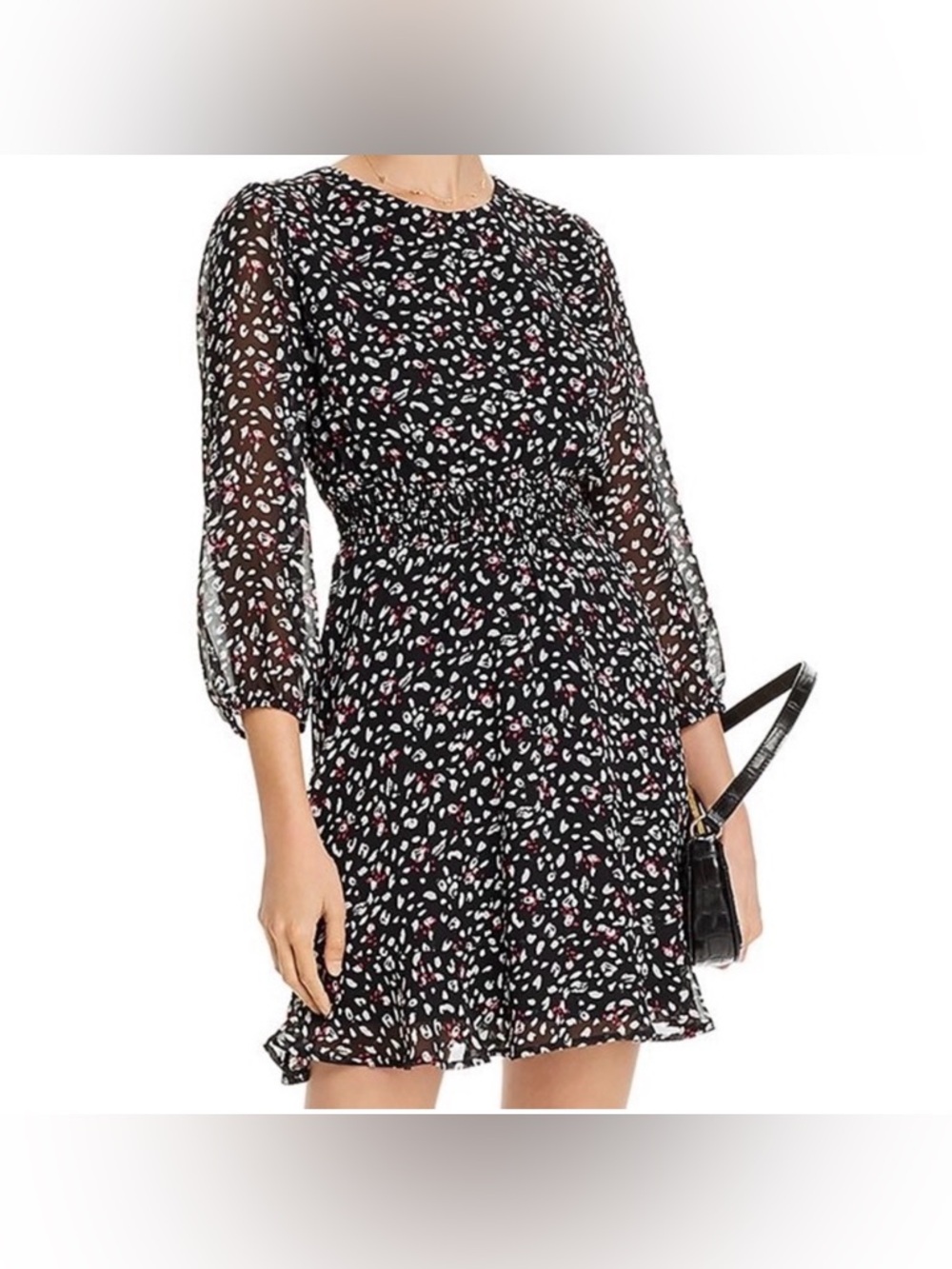 Aqua Black Floral Print Long Sleeve Dress Smocked Waist Ladies Size Small